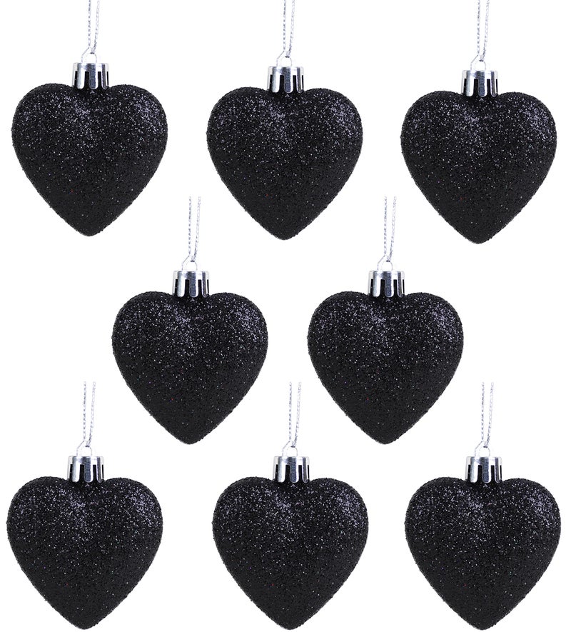 Christmas ConceptsÂ® Pack of 8-60mm Heart Shaped Christmas Tree Baubles â€“ Glitter Decorated Baubles (Black) - Image 1
